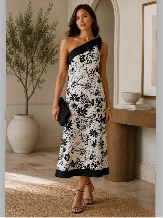 Abercrombie & Fitch Dresses & Skirts - Abercrombie & Fitch One Shoulder Satin Midi Dress Sz XS Black Cream Floral NWOT
